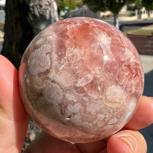 Red Quartz Flower Agate Sphere with Big Druzy Points - Picture 8 of 8